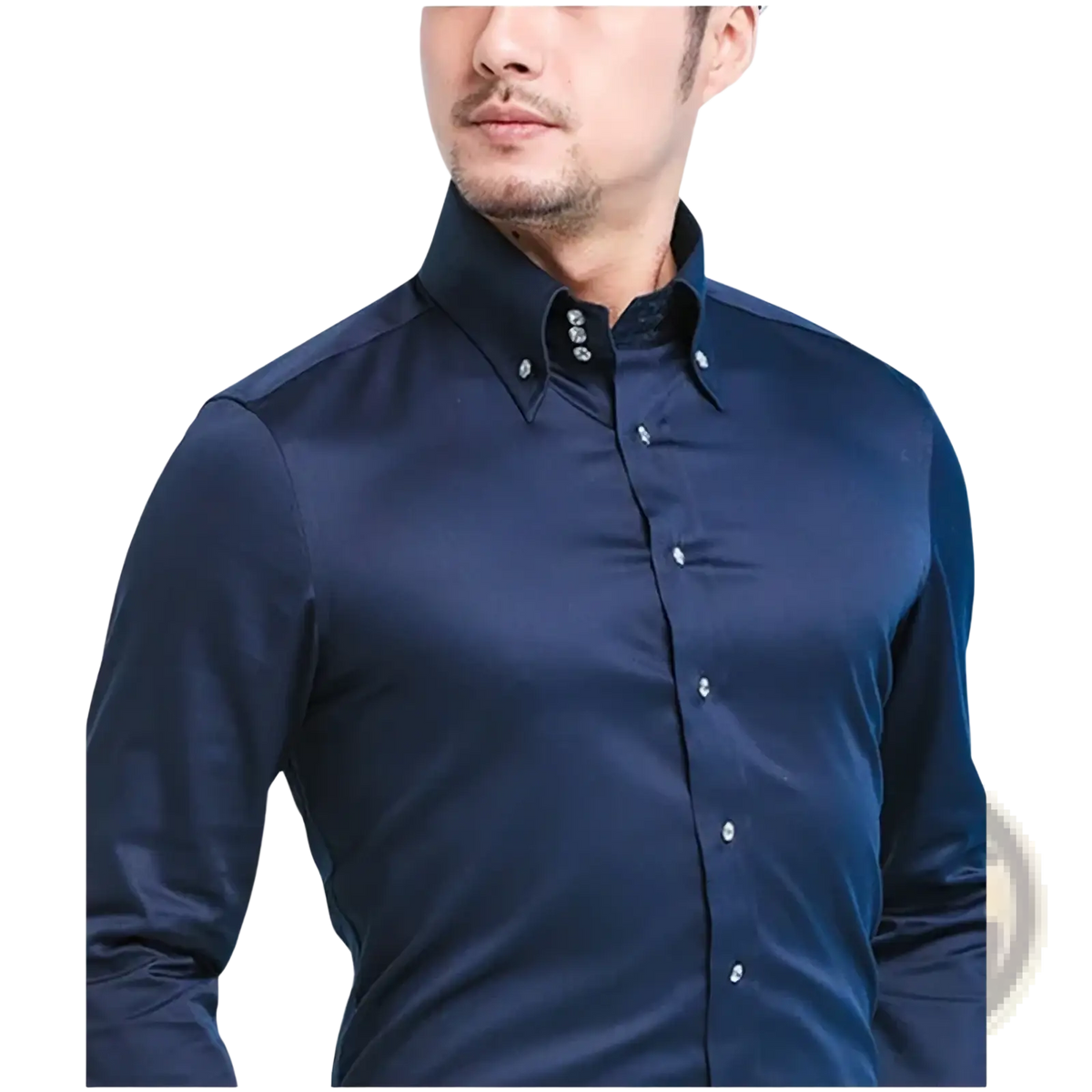 Men slim fit non iron dress shirt in sleek navy blue with subtle sheen button-down collar and matching buttons