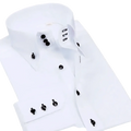 Men slim fit non iron white dress shirt featuring black button accents for a polished formal look