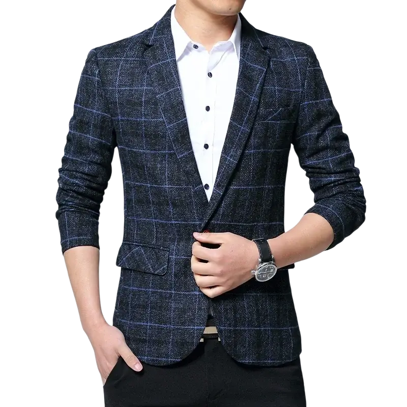 Men slim fit plaid business blazer jacket in dark blue and black with textured fabric finish