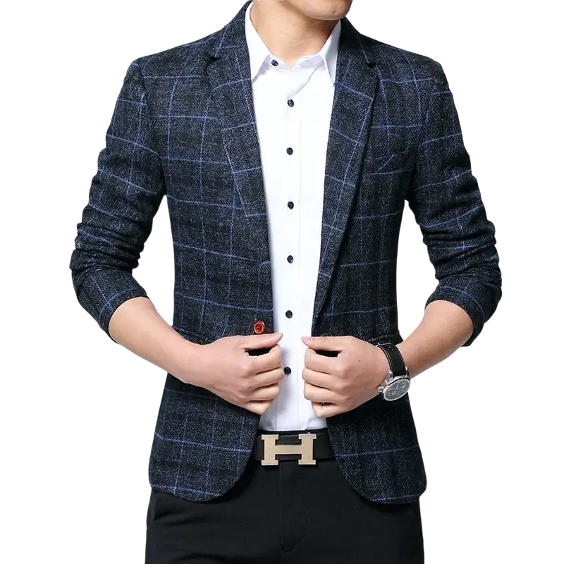 Men slim fit plaid business blazer jacket in dark blue and navy with textured weave for formal occasions