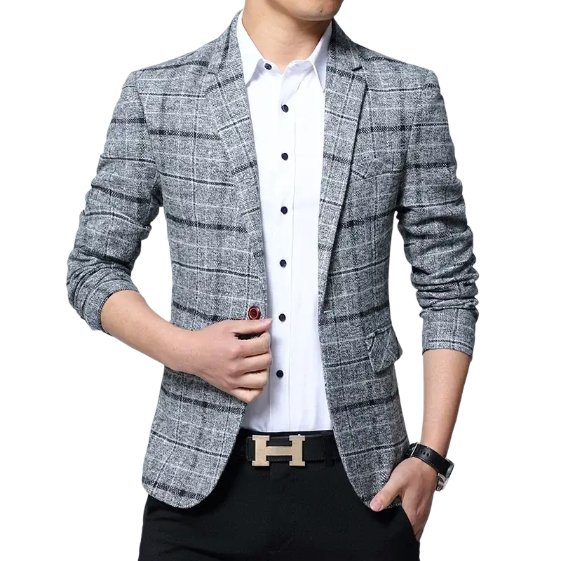 Men slim fit plaid business blazer jacket in gray with textured weave and black buttons for formal occasions