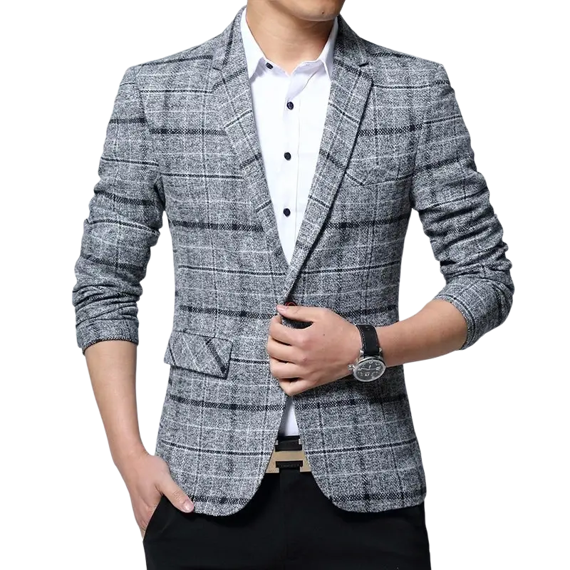 Men slim fit plaid business blazer jacket in gray and black with a tailored fit and textured fabric
