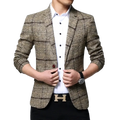 Men slim fit plaid business blazer jacket in brown and beige textured wool blend with notched lapels