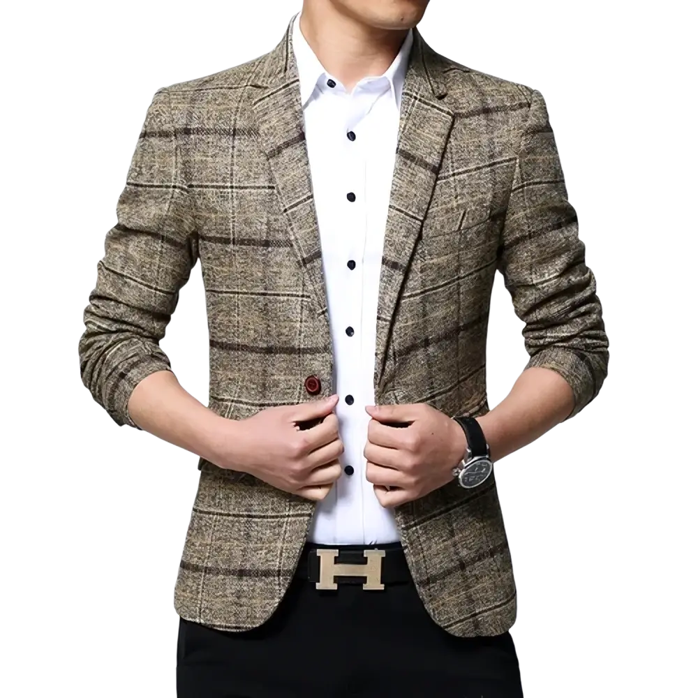 Men slim fit plaid business blazer jacket in brown and beige textured wool blend with notched lapels