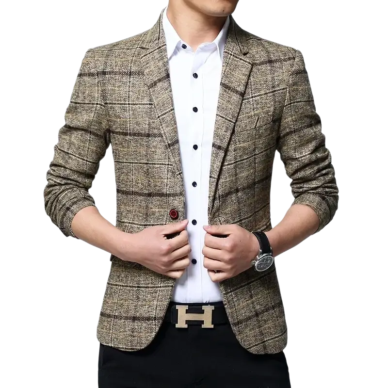 Men slim fit plaid business blazer jacket in textured brown and beige with black buttons and tailored fit