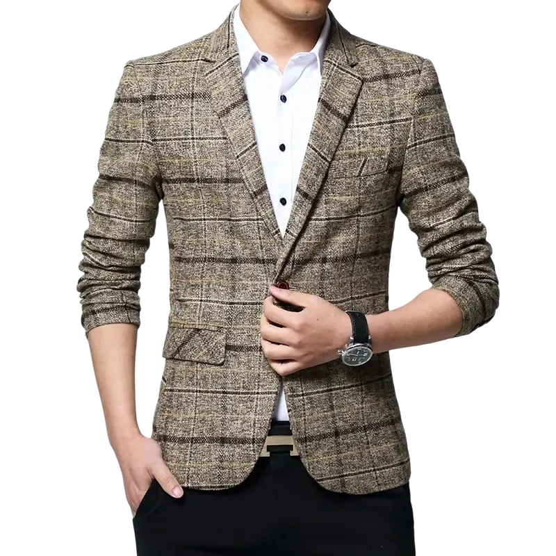 Men slim fit plaid business blazer jacket in textured brown and beige with tailored fit and notched lapels