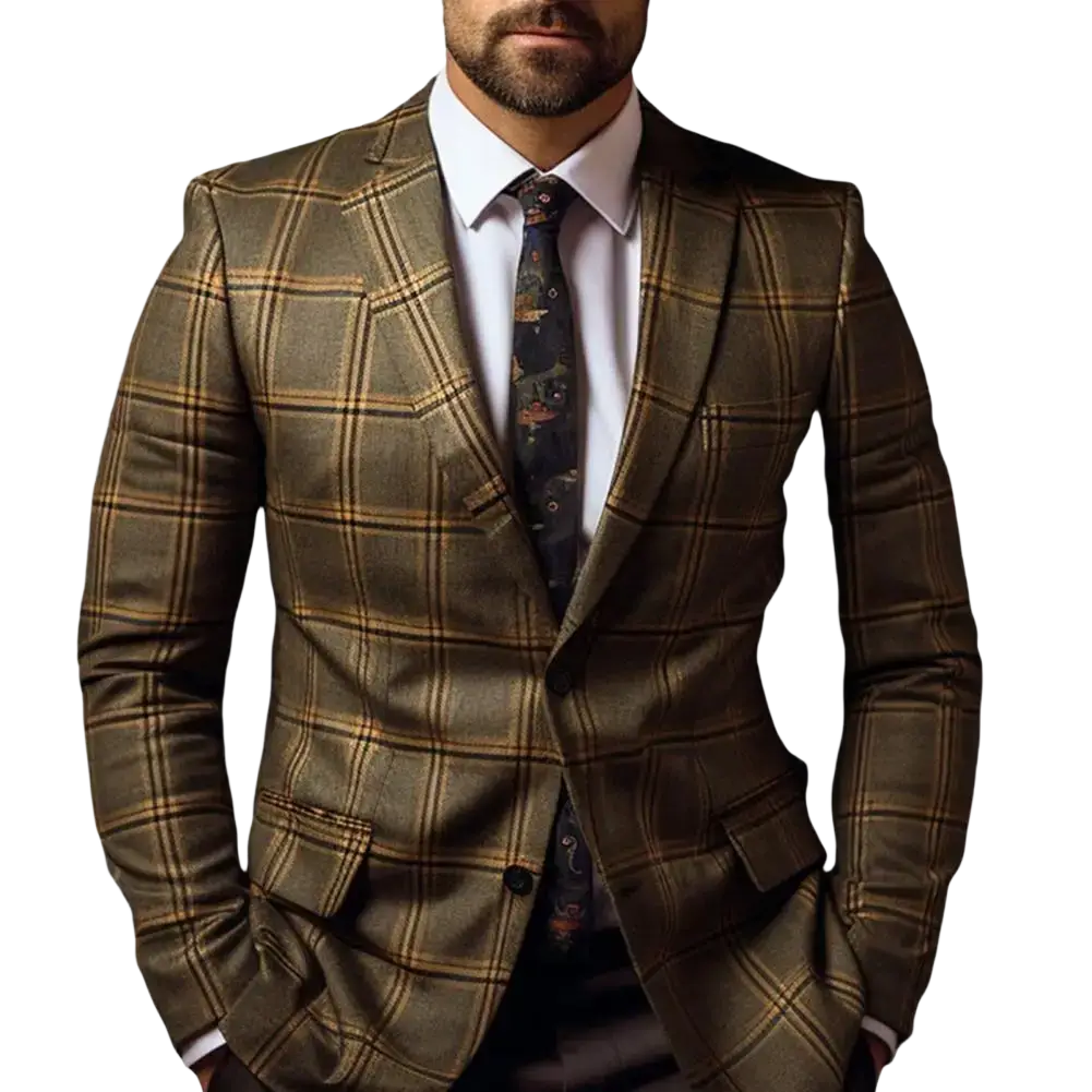 Men slim fit plaid business suit jacket in brown and gold with tailored fit and stylish design for formal occasions