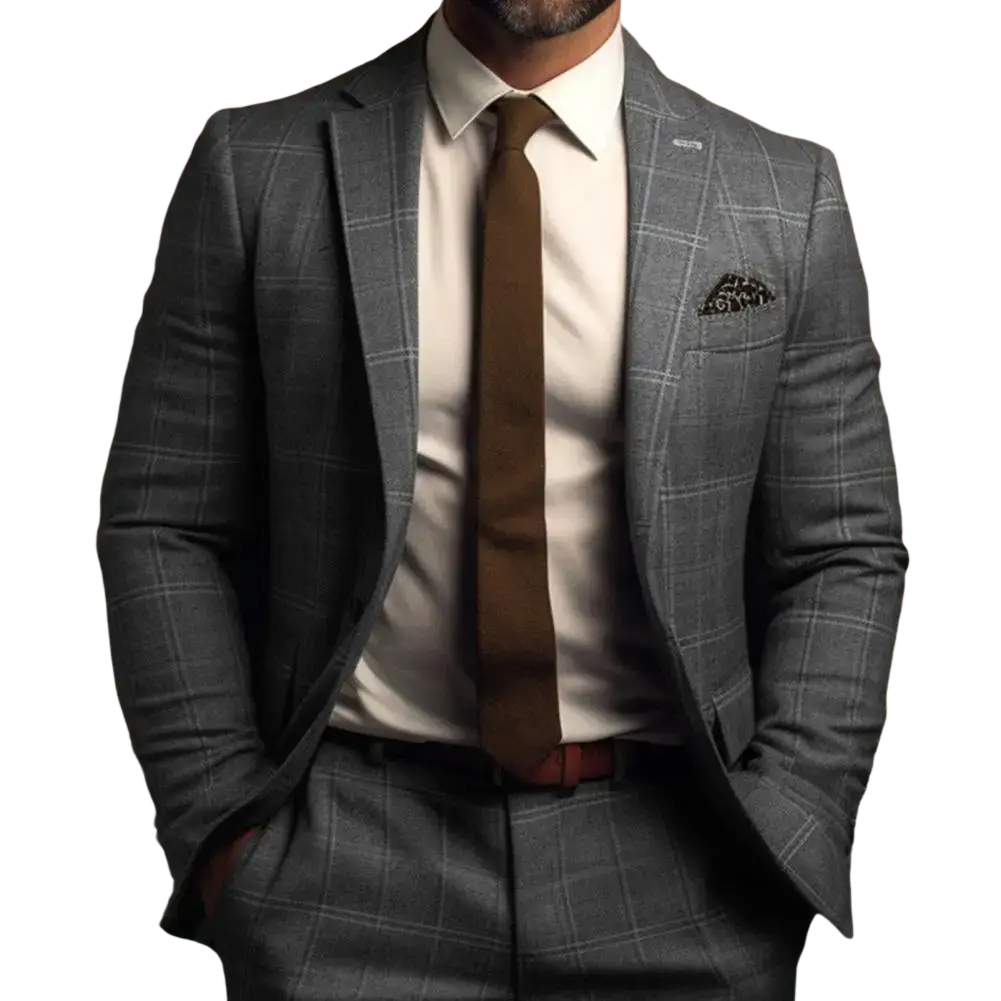 Men slim fit gray plaid business suit jacket with subtle check pattern and matching trousers for formal occasions
