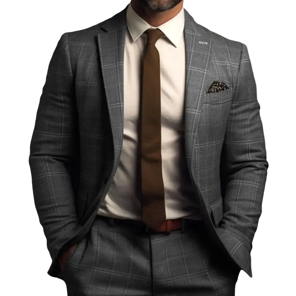 Men slim fit plaid business suit jacket in gray with subtle check pattern matching trousers and coordinating pocket square
