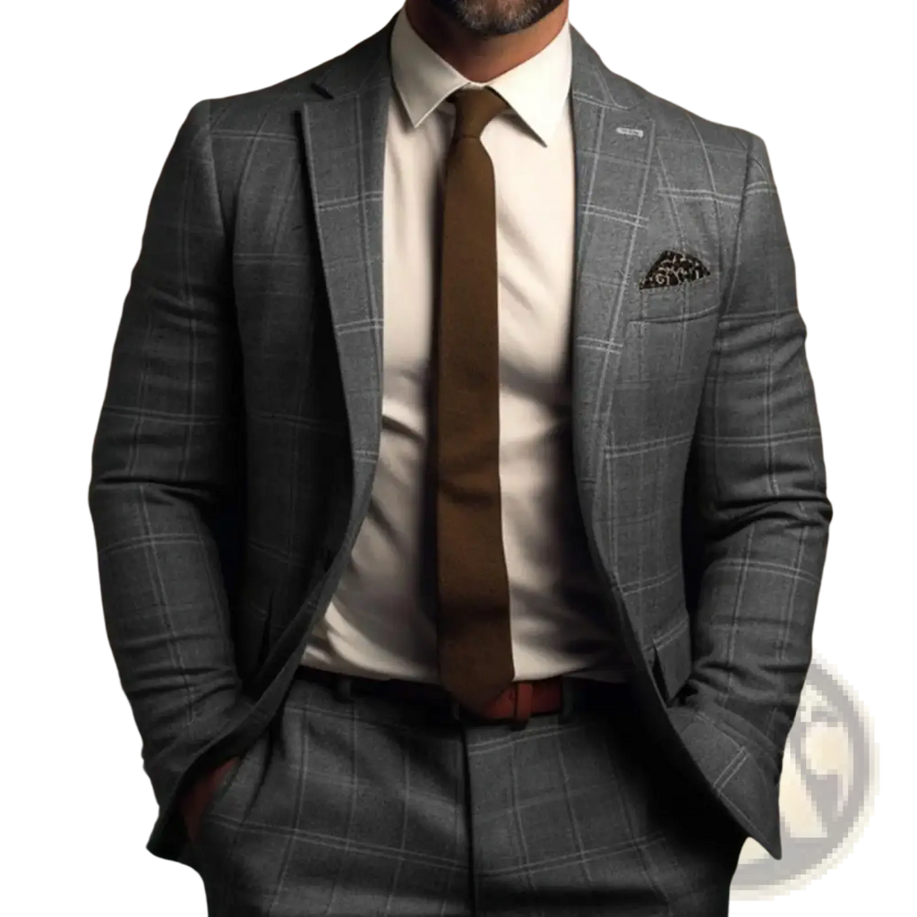 Men slim fit gray plaid business suit jacket with subtle check pattern and matching trousers for formal occasions