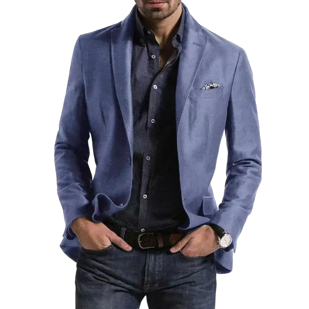 Men slim fit plaid business suit jacket in navy blue with textured fabric and subtle stitching details
