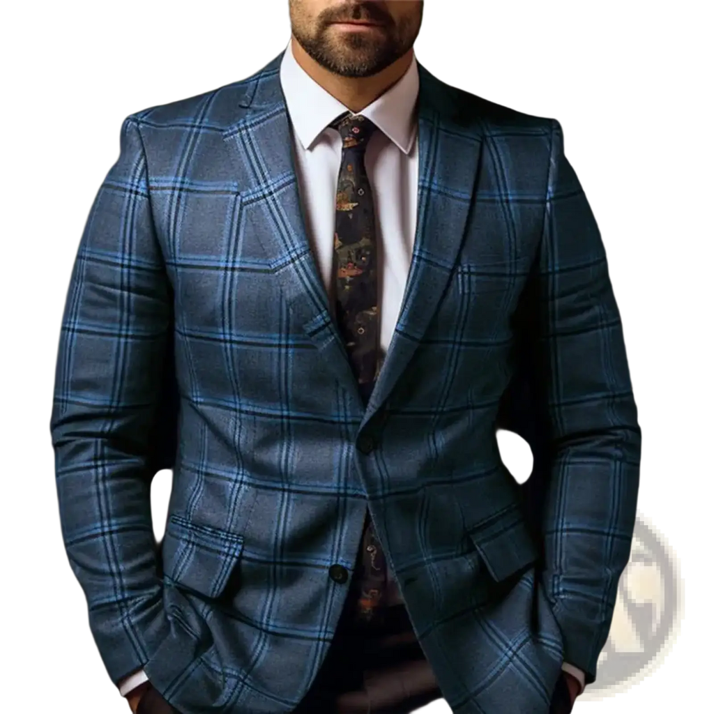 Men slim fit plaid business suit jacket in tailored blue with subtle sheen and classic two-button closure