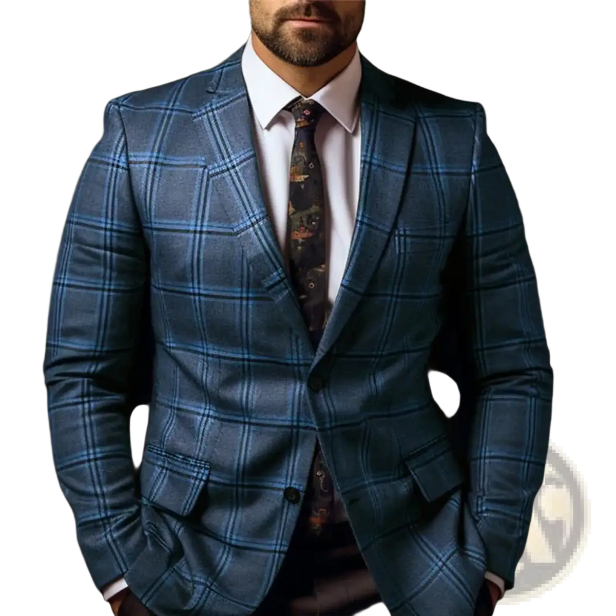 Men slim fit plaid business suit jacket in tailored blue with subtle sheen and classic two-button closure