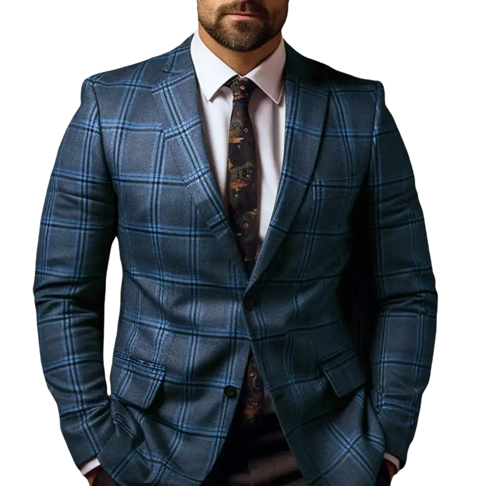 Men slim fit plaid business suit jacket tailored in navy blue with lighter blue and white bold plaid pattern and notched lapels