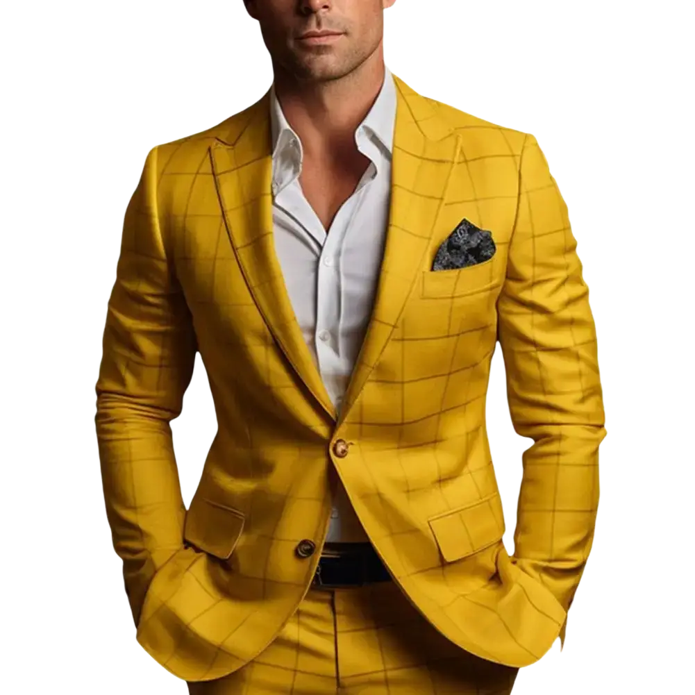 Men slim fit plaid business suit jacket in vibrant yellow with bold checkered pattern, matching trousers, and white shirt