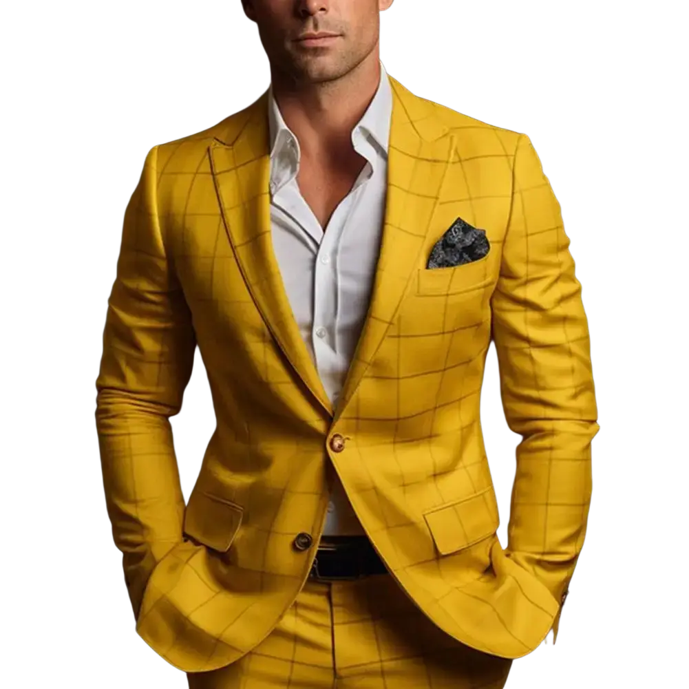 Men slim fit plaid business suit jacket in vibrant yellow with classic windowpane check and notched lapels matching trousers