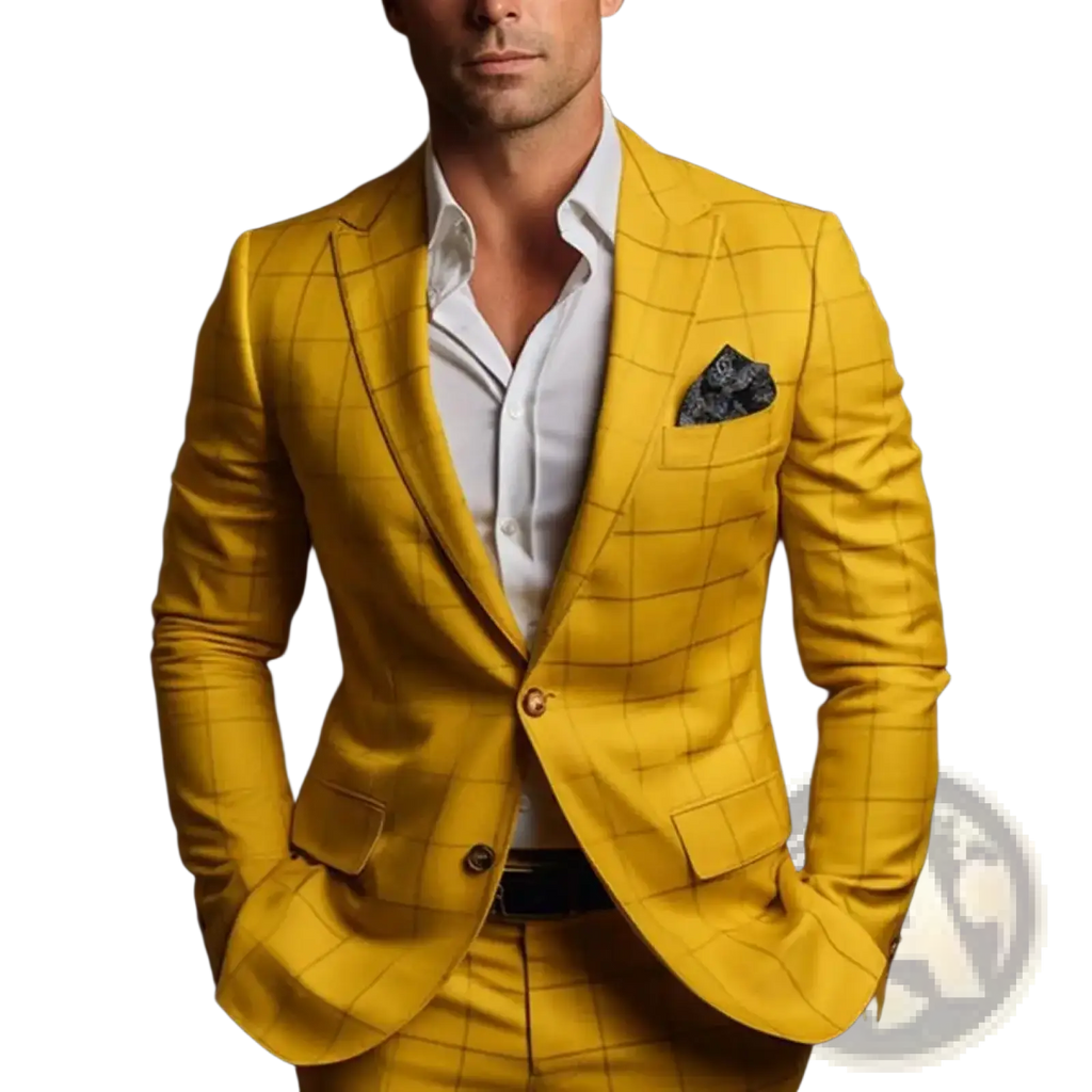 Men slim fit plaid business suit jacket in vibrant yellow with classic windowpane check and notched lapels matching trousers