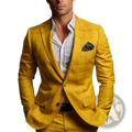 Men slim fit plaid business suit jacket in vibrant yellow with bold checkered pattern, matching trousers, and white shirt