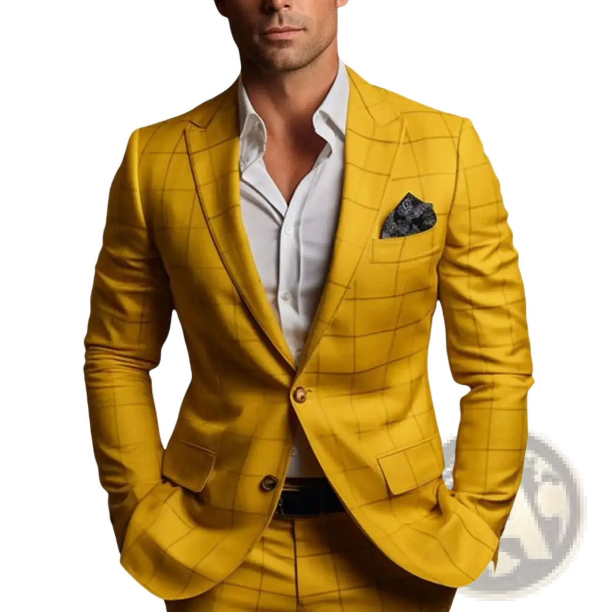 Men slim fit plaid business suit jacket in vibrant yellow with bold checkered pattern, matching trousers, and white shirt