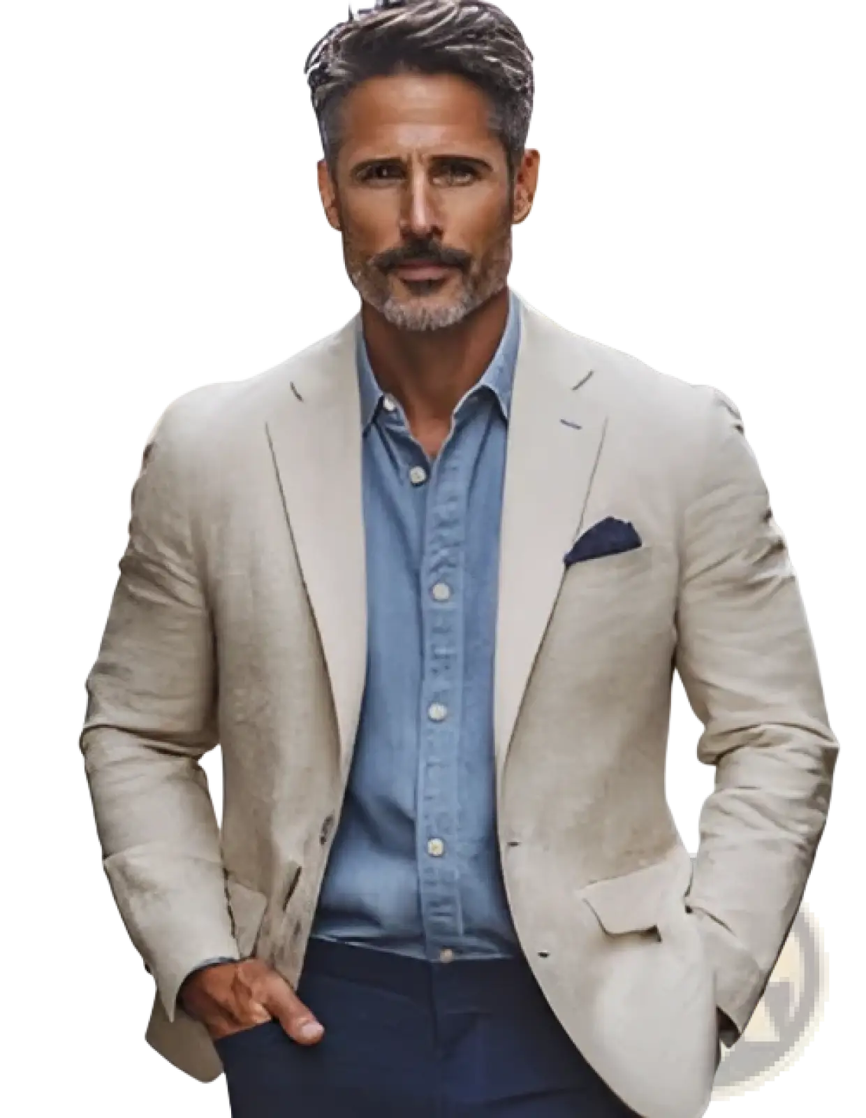 Men slim fit printed suit jacket in beige textured fabric with subtle sheen worn over blue shirt and dark trousers