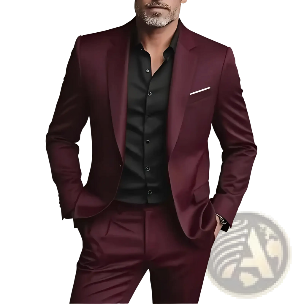 Men slim fit satin suit two piece in sleek maroon with tailored fit and subtle sheen for formal occasions