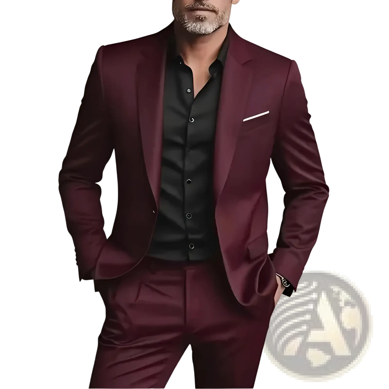Men slim fit satin suit two piece in sleek maroon with tailored fit and subtle sheen for formal occasions