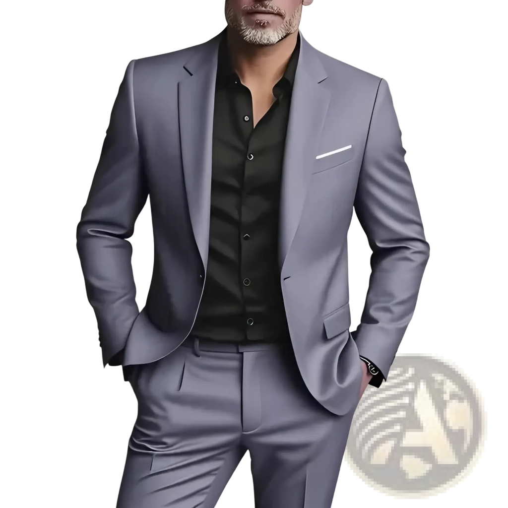 A sleek tailored gray satin men slim fit suit with matching vest and trousers two piece set