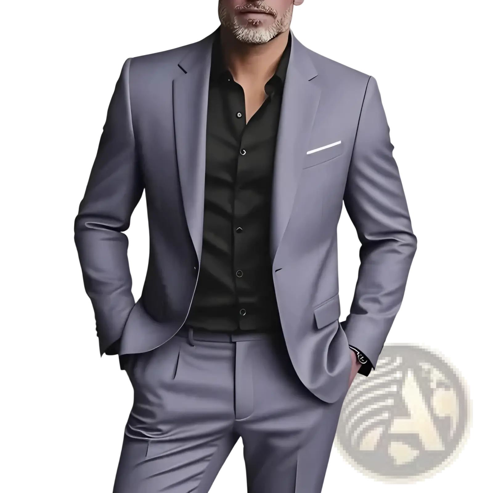 A sleek tailored gray satin men slim fit suit with matching vest and trousers two piece set