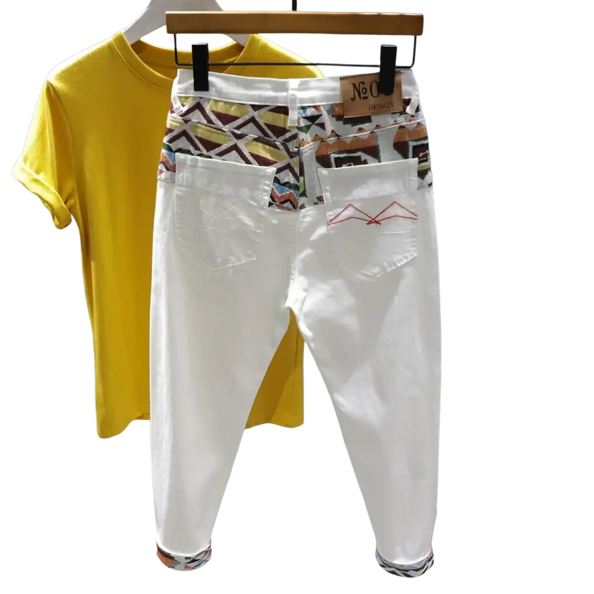 Men slim fit stretch embroidered white denim jeans back side with colorful geometric waistband and cuffs and red stitching