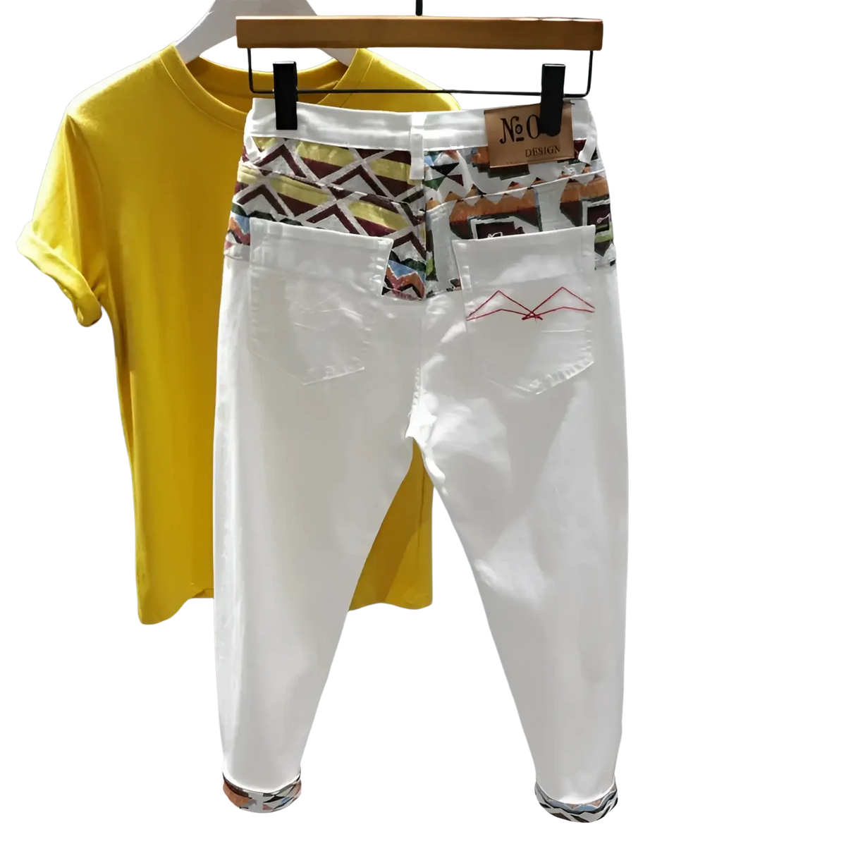 Men slim fit stretch white denim jeans back view with colorful geometric waistband and red mountain embroidery