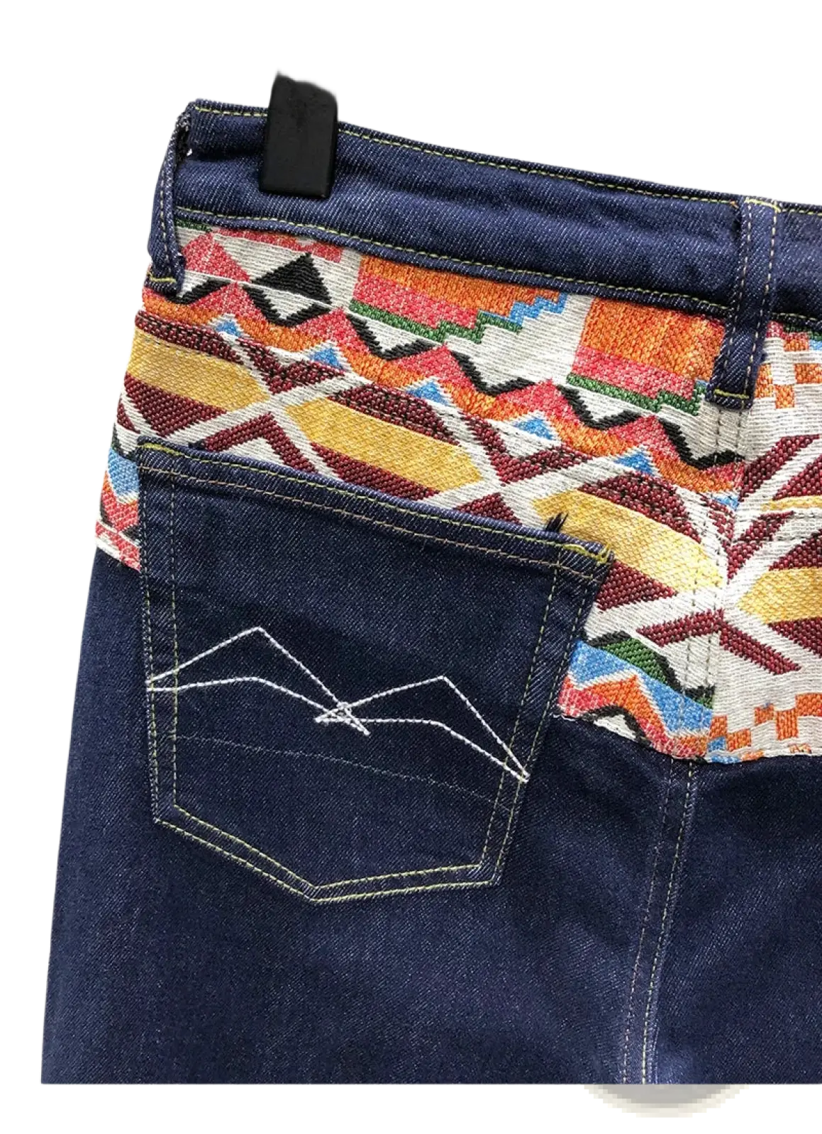 Men slim fit stretch white denim jeans back side with blue denim, vibrant multicolored geometric waistband and pocket embroidery