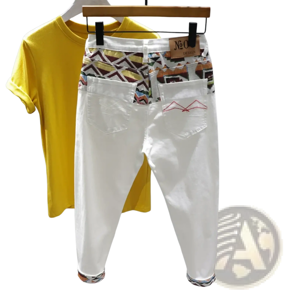 Men slim fit stretch embroidered white denim jeans back side with colorful geometric waistband and red mountain stitching