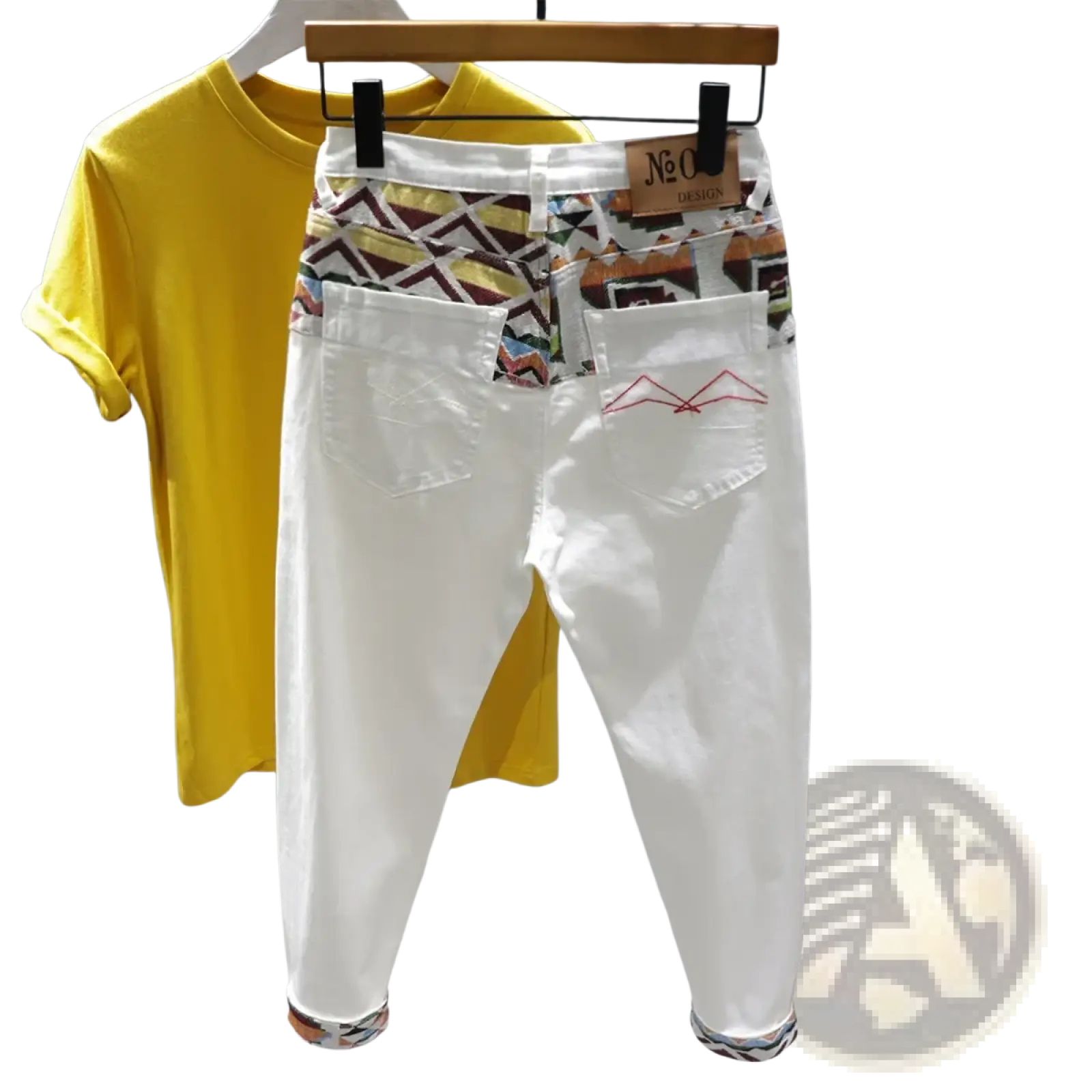 Men slim fit stretch embroidered white denim jeans back side with colorful geometric waistband and red mountain stitching
