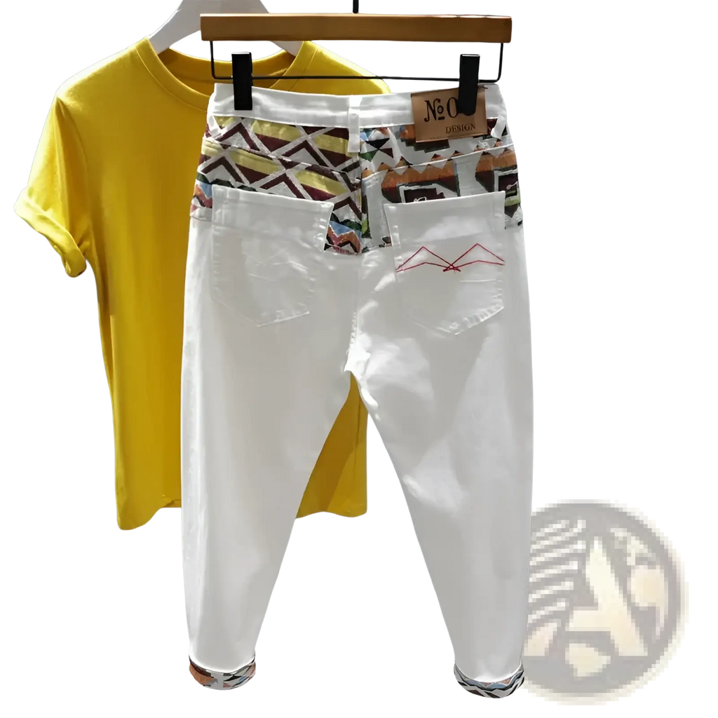 Men slim fit stretch white denim jeans back view with colorful geometric waistband and red mountain embroidery