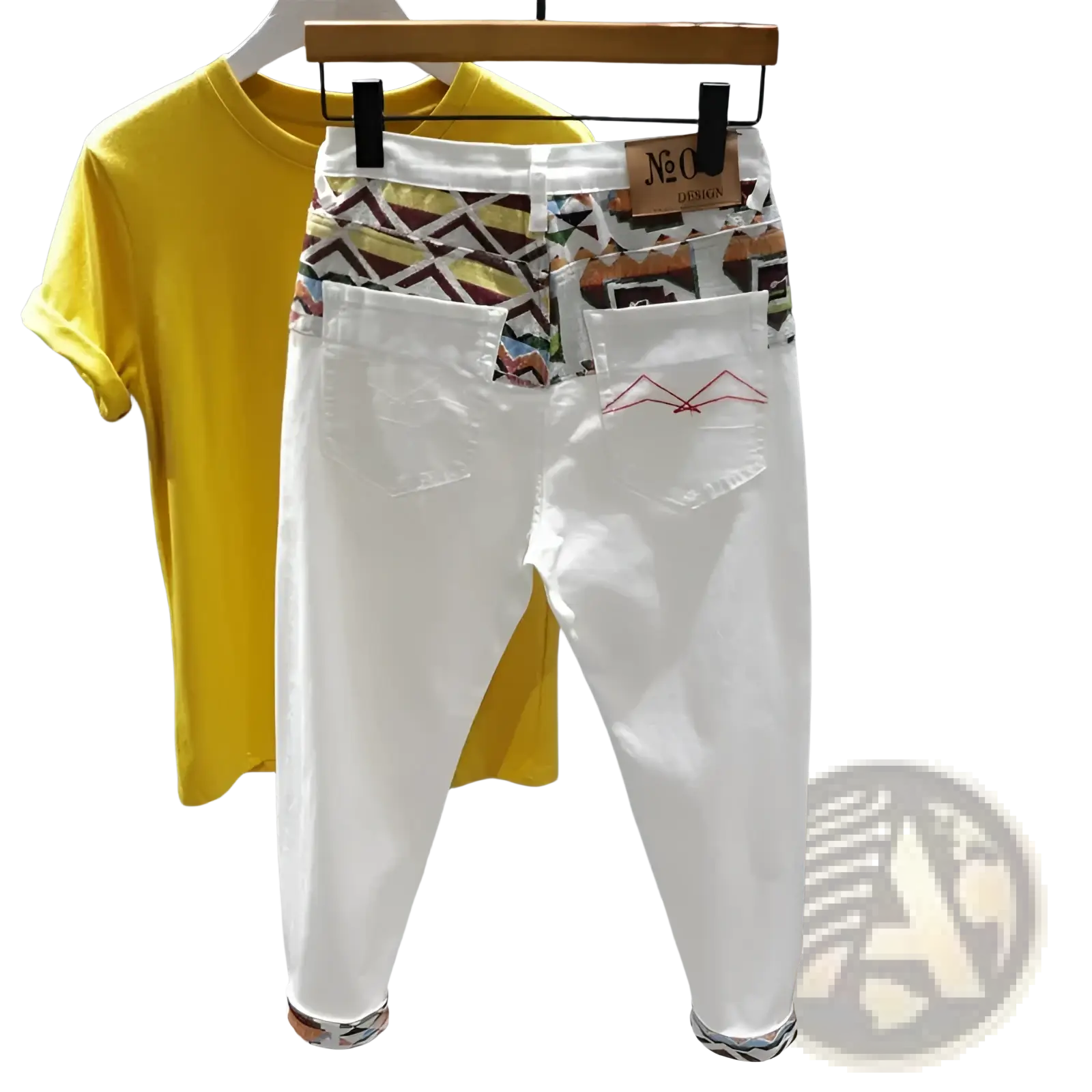 Men slim fit stretch white denim jeans back view with colorful geometric waistband and red mountain embroidery