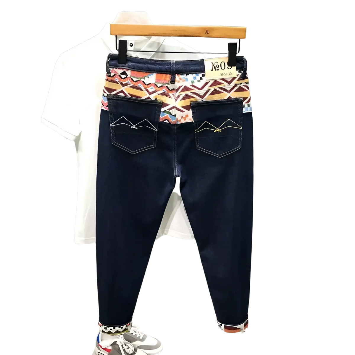 Men slim fit stretch embroidered white denim jeans back side with dark blue denim, geometric waistband, and mountain stitching