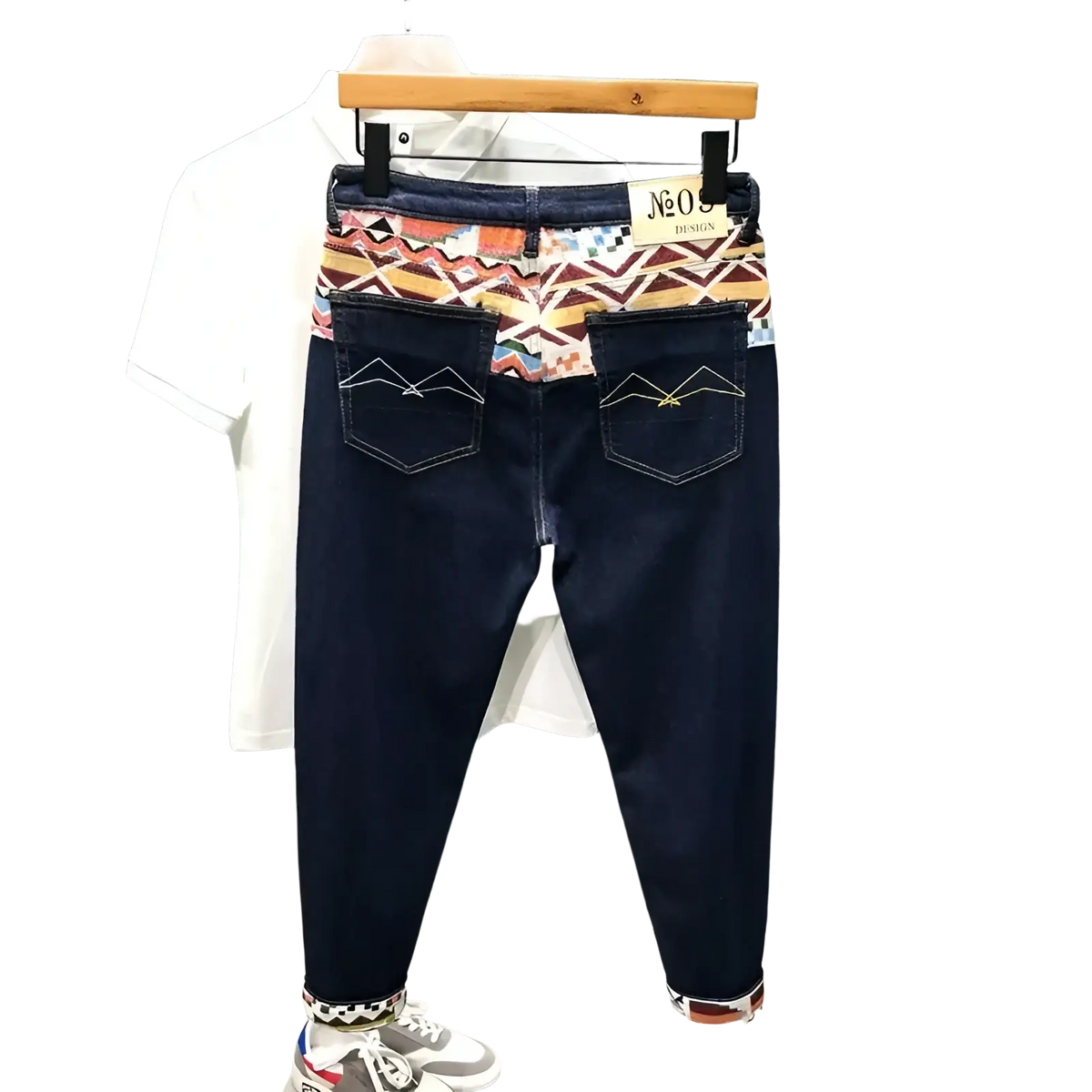 Men slim fit stretch dark blue denim jeans with colorful geometric waistband and stitched mountain back pockets