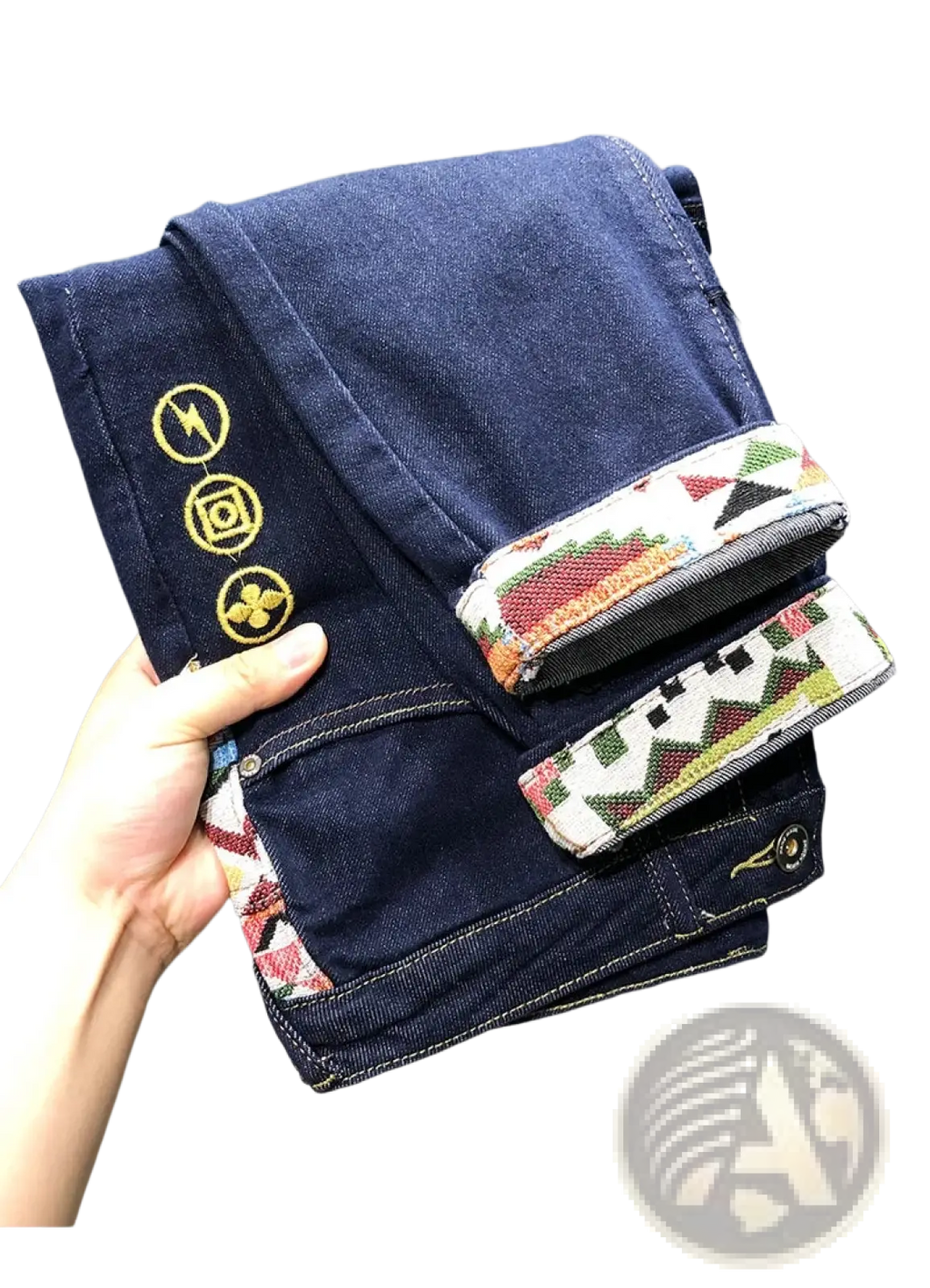 Men slim fit stretch white denim jeans with dark blue embroidered lightning bolt and colorful geometric lining