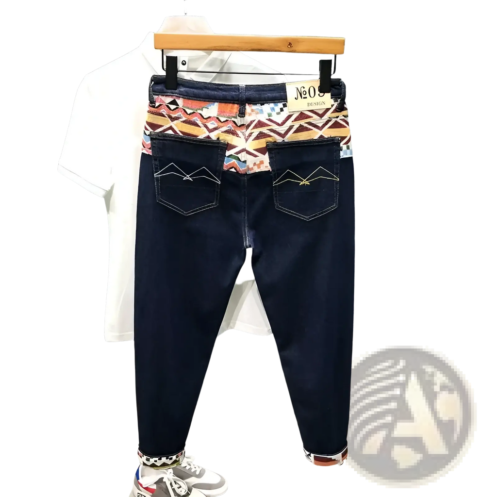 Men slim fit stretch dark blue denim jeans with colorful geometric waistband and stitched mountain back pockets