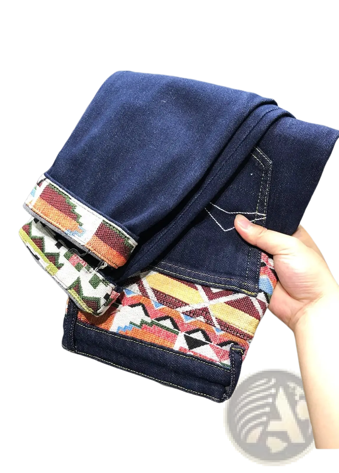 Men slim fit stretch embroidered white denim jeans with dark blue denim and colorful geometric patterned cuffs
