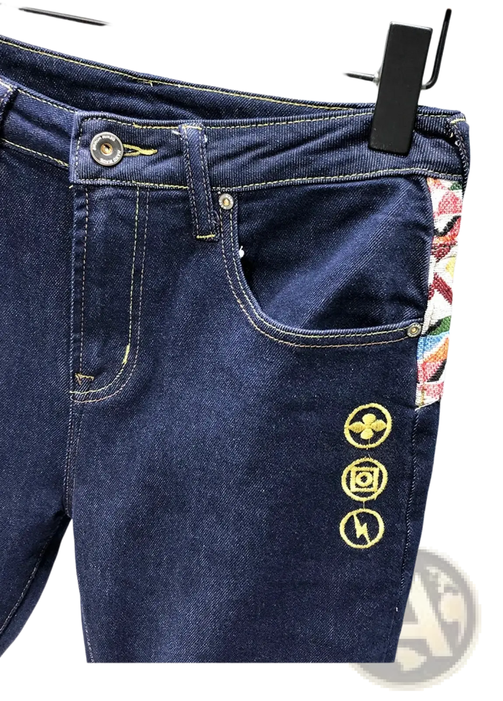 Men slim fit stretch dark blue denim jeans with gold embroidered logos and colorful patterned side seam patch