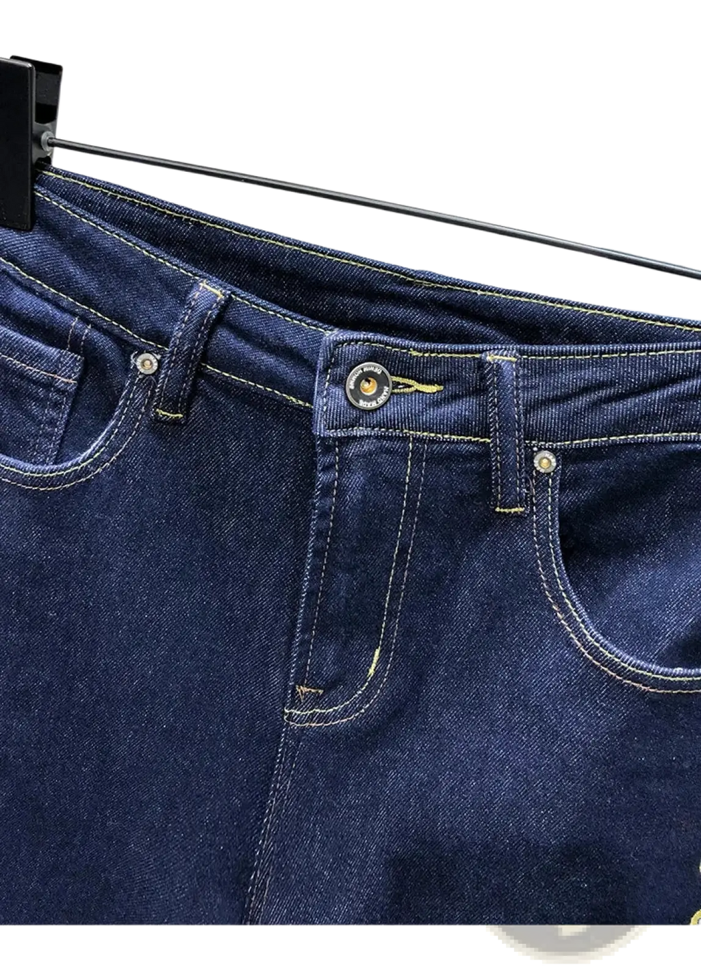 Men slim fit stretch embroidered white denim jeans in dark blue with contrasting light stitching and silver metal hardware