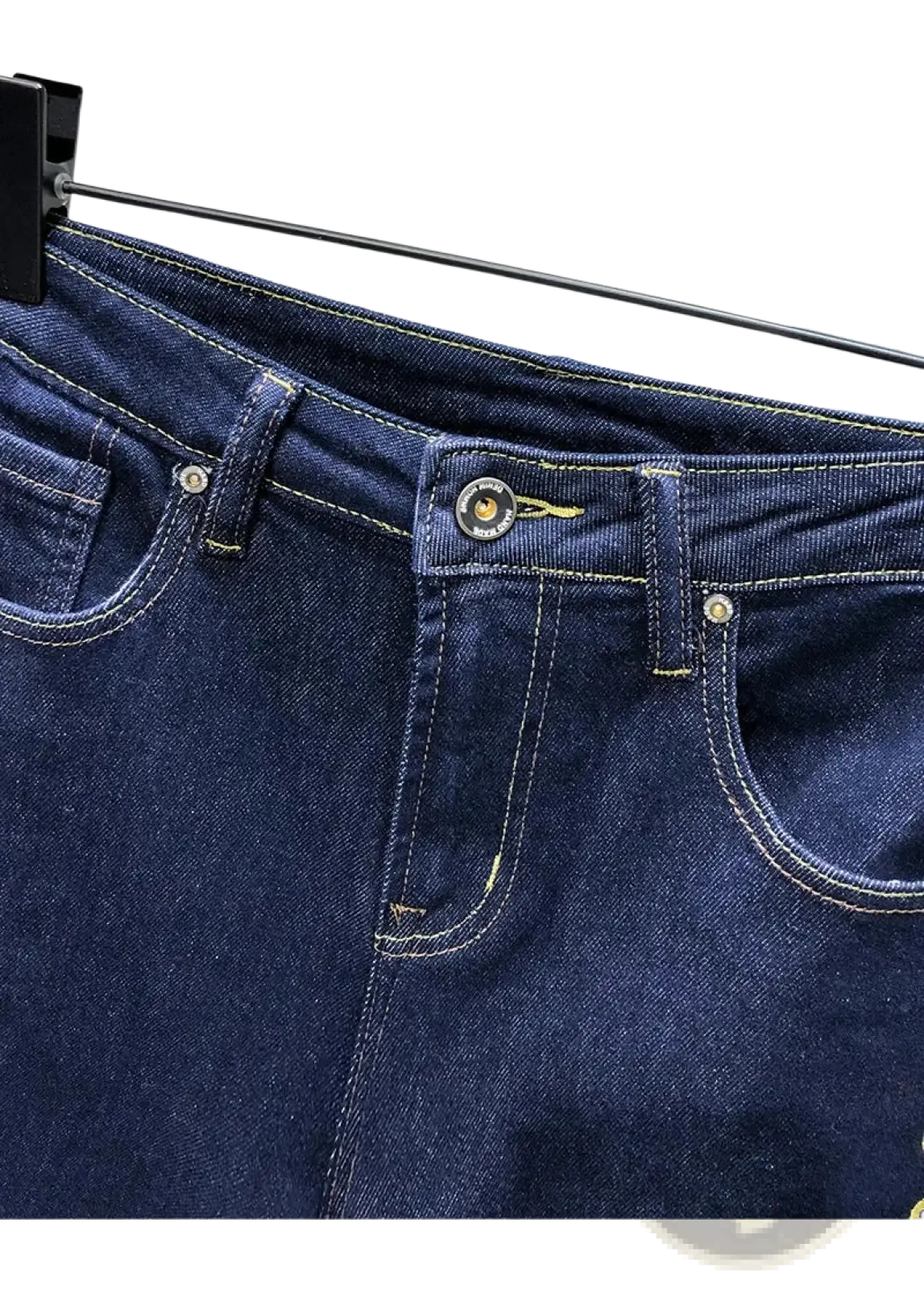Men slim fit stretch embroidered white denim jeans in dark blue with contrasting light stitching and silver metal hardware