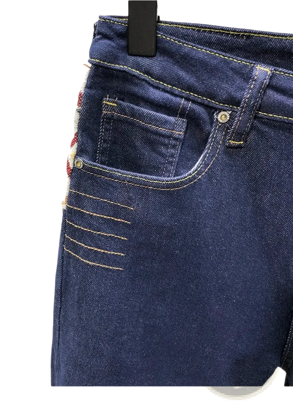 Men slim fit stretch dark blue denim jeans with yellow stitching and decorative embroidered patch on the side seam