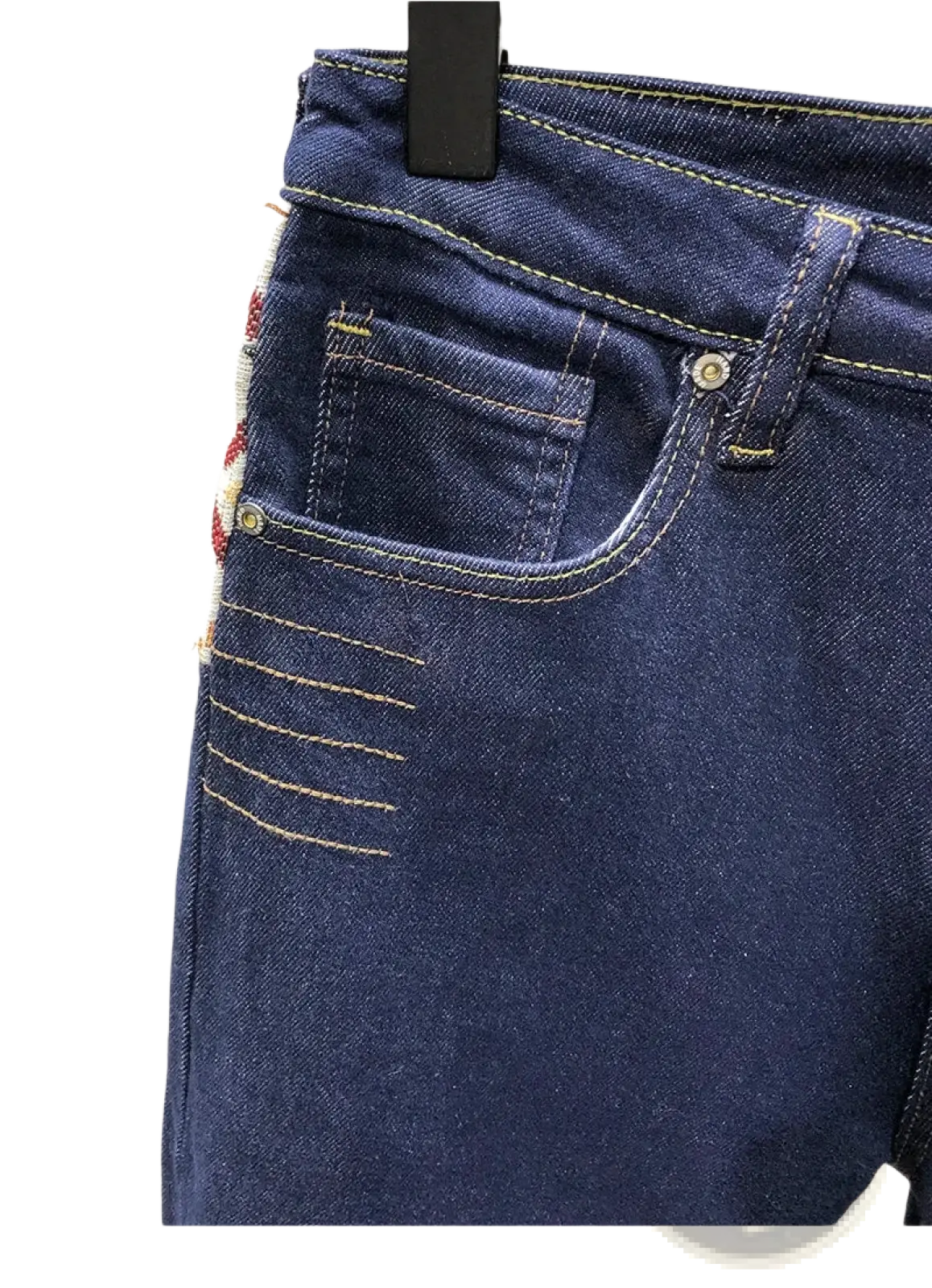 Men slim fit stretch dark blue denim jeans with yellow stitching and decorative embroidered patch on the side seam