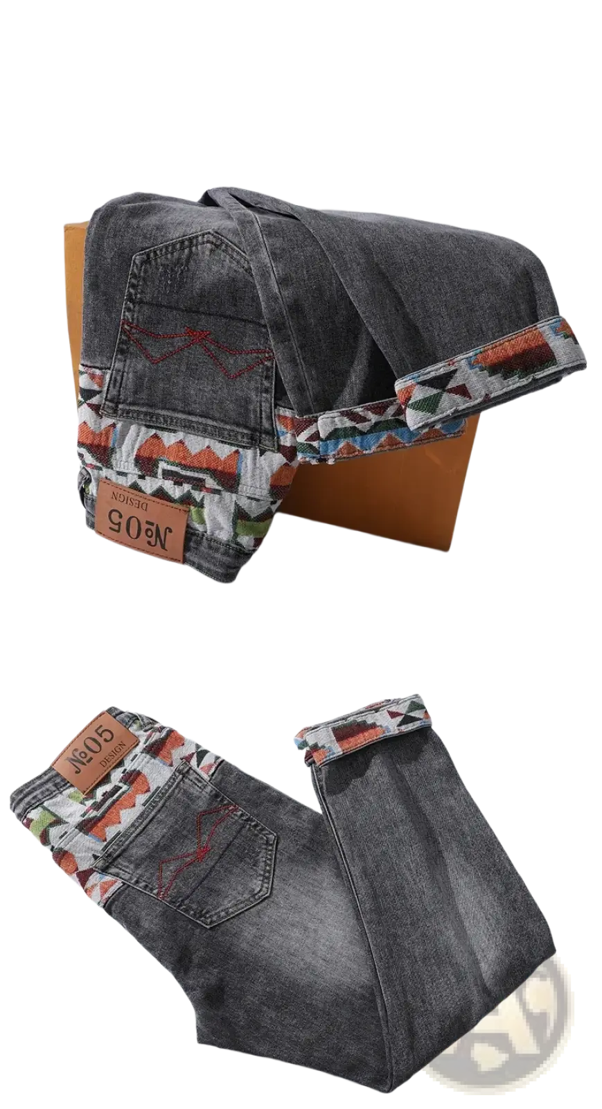 Men slim fit stretch dark gray denim jeans with geometric patterned cuff and back pocket trim in orange white black and blue