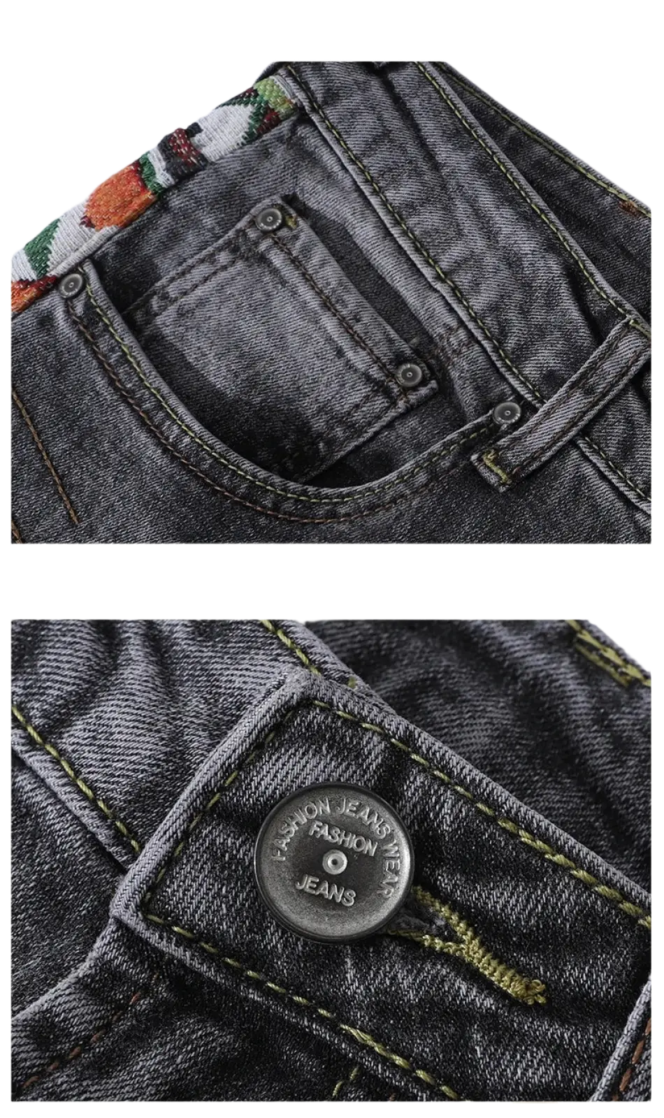 Men slim fit stretch embroidered white denim jeans in dark wash with five pockets, green stitching, and metal button