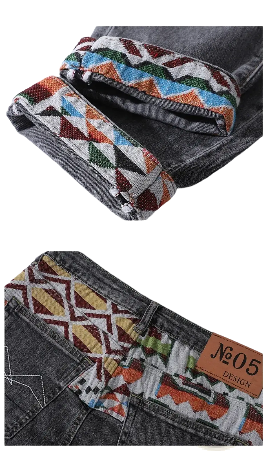 Men slim fit stretch dark-wash denim jeans with vibrant multicolored geometric knit cuff and embroidered n05 label