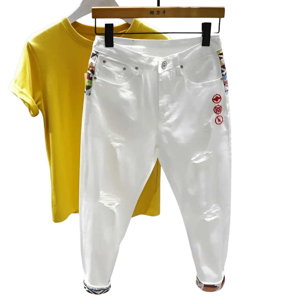 Men slim fit stretch white denim jeans with distressed details colorful patterned side panels and red thigh embroidery