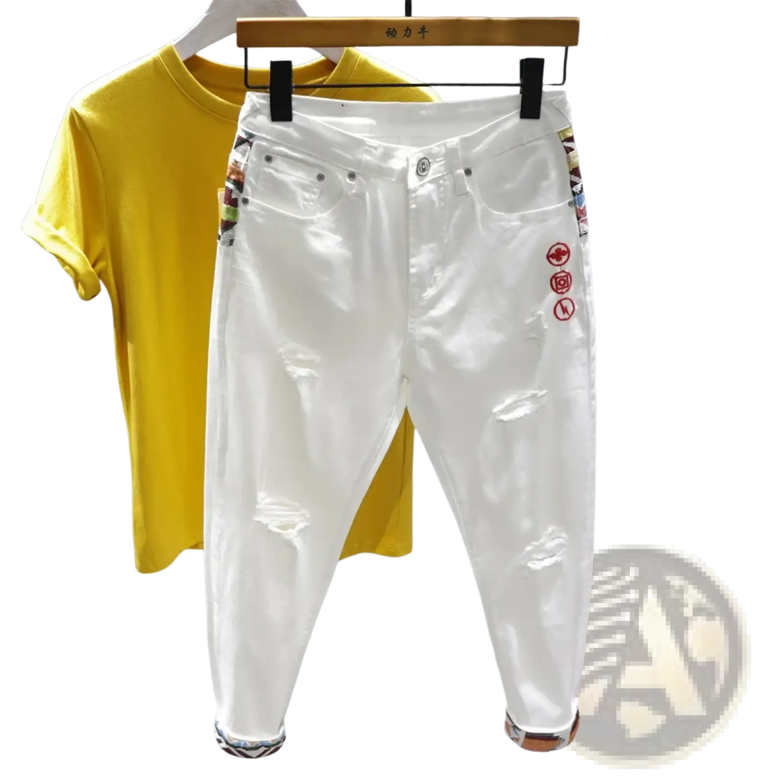 Men slim fit stretch embroidered white denim jeans with distressed details colorful side panels and red logos on thigh